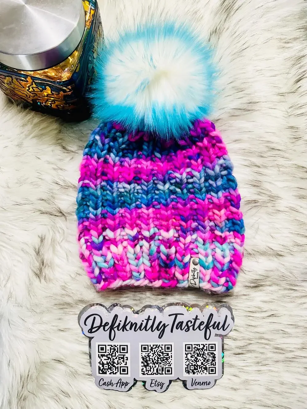 Hand Knit Scrappy Merino Wool Beanie: DefiKnitly Tasteful Knit Hat with Faux Fur